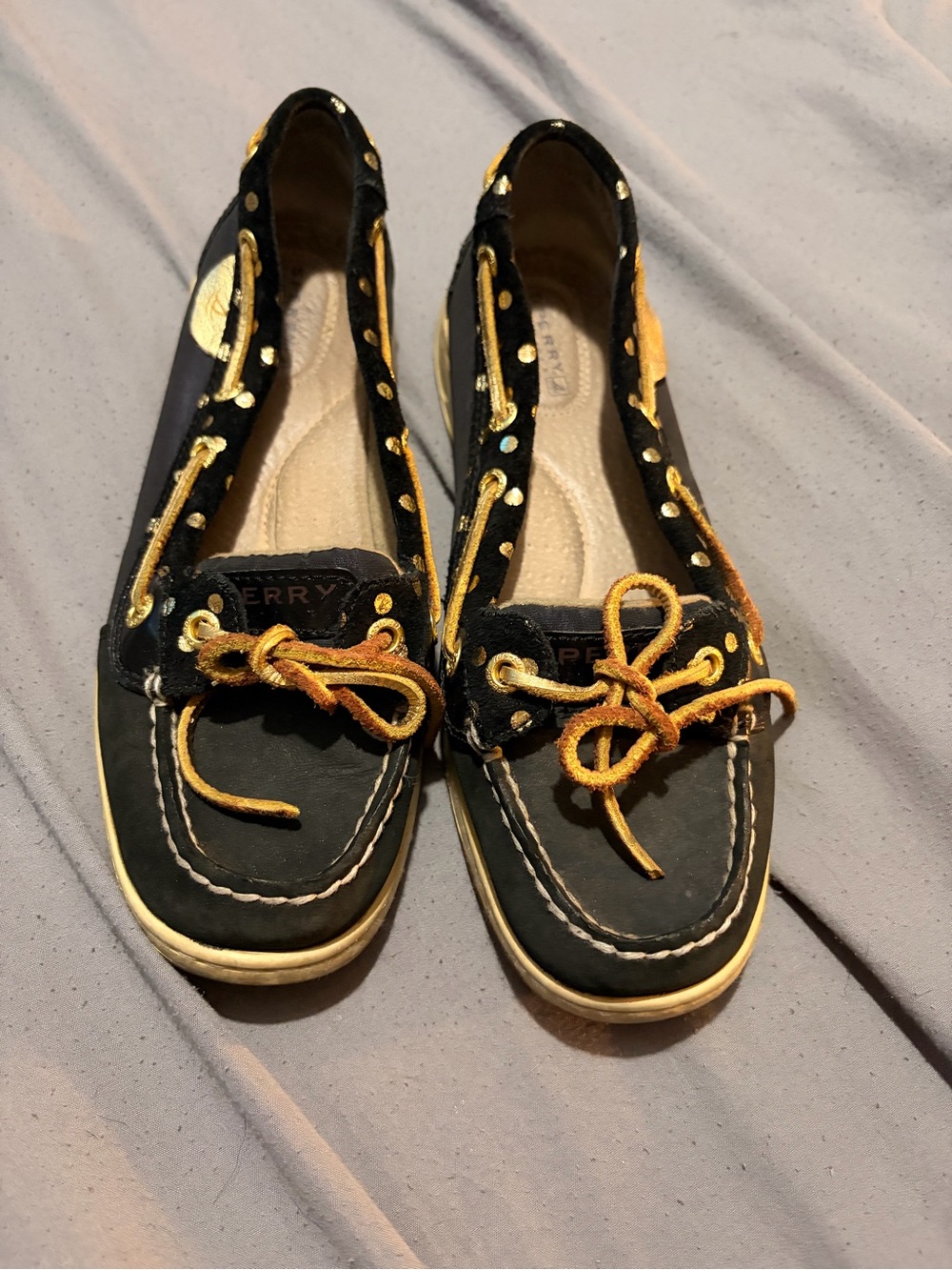 Sperry Black Leather Moccasins with Gold Accents